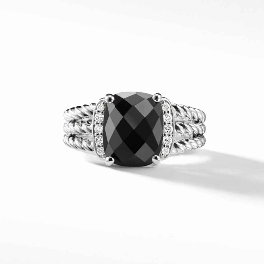 David Yurman Petite Wheaton Ring in Sterling Silver Black Onyx and Pavé Diamonds